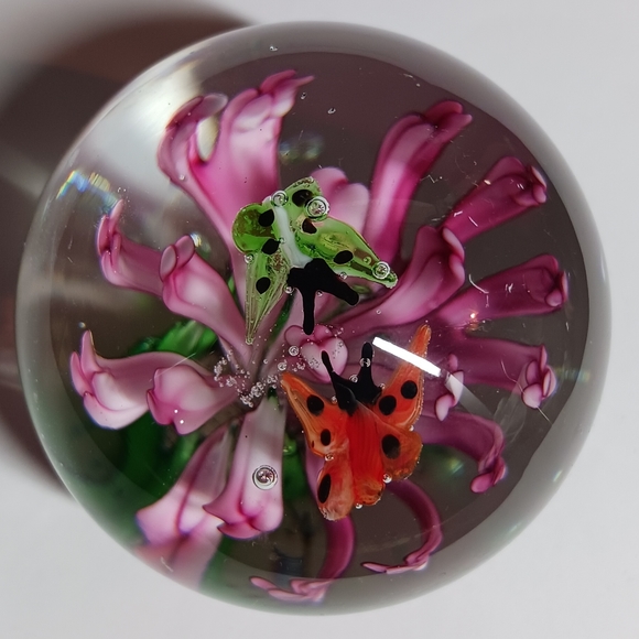2" Art Glass Paperweight with Pink Flower And Butterflies - Picture 6 of 9